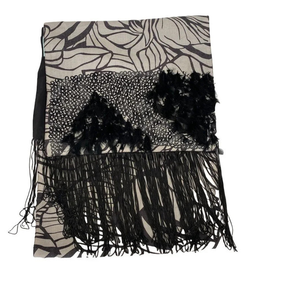 Pashmina Wool Shawl with Silky Tassel Fringe Feathers and Beading NWT - Picture 10 of 14